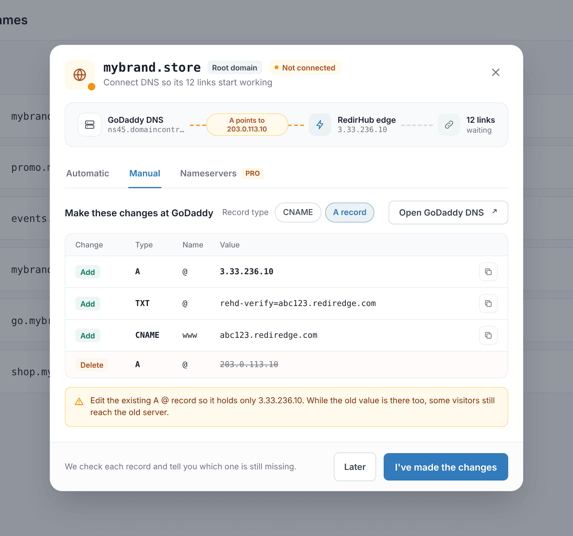 Connect DNS 的 Manual 标签页,列出需要在 DNS 服务商处添加的记录